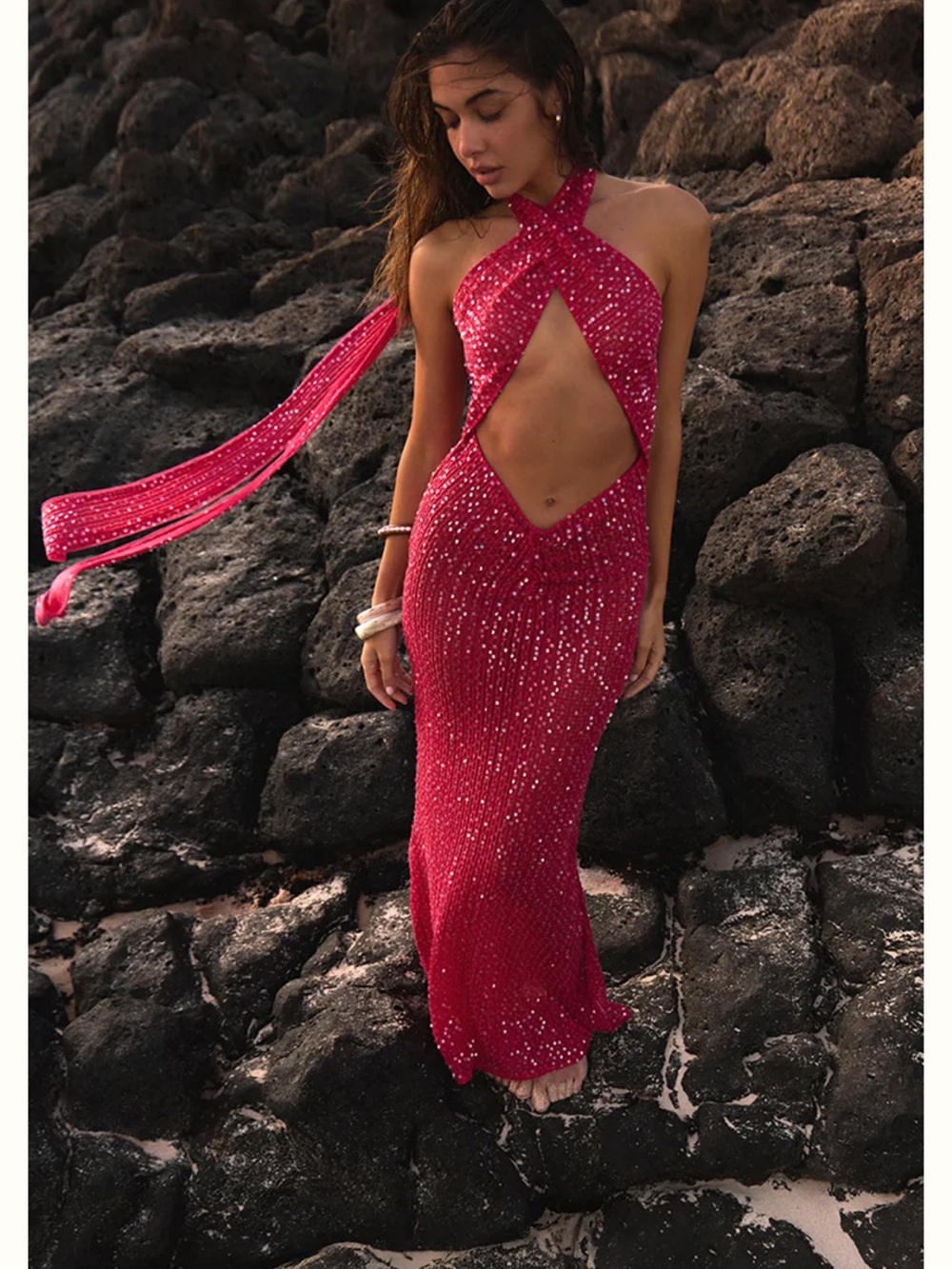 Strappy Cutout Sequin Evening Dress in Fuchsia hot pink